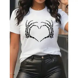 Polyester Unique Clothes Round Neck Casual Comfortable Halloween T-Shirt Short Sleeve for Home Party Wear, Lightweight Durable Design with Skeleton Heart Print on Soft Fabric Top