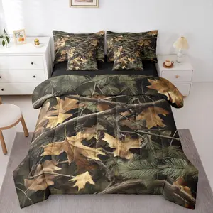 Maple Leaves 7 Piece Bedding Set,Branches Comforter Set with Sheets Pine Needles Branches Camouflage Bed in a Bag Fallen Leaves Rustic Woods Theme for Teens Men Women