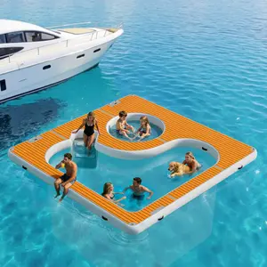 AMERLIFE 12x10FT/13×13FT Inflatable Sea Pool, Swimming Pool Platform with Safety Net, Modular Swim Air Dock with Electric Air Pump for Ocean Party, Dual Depth Design & Non-Slip Surface