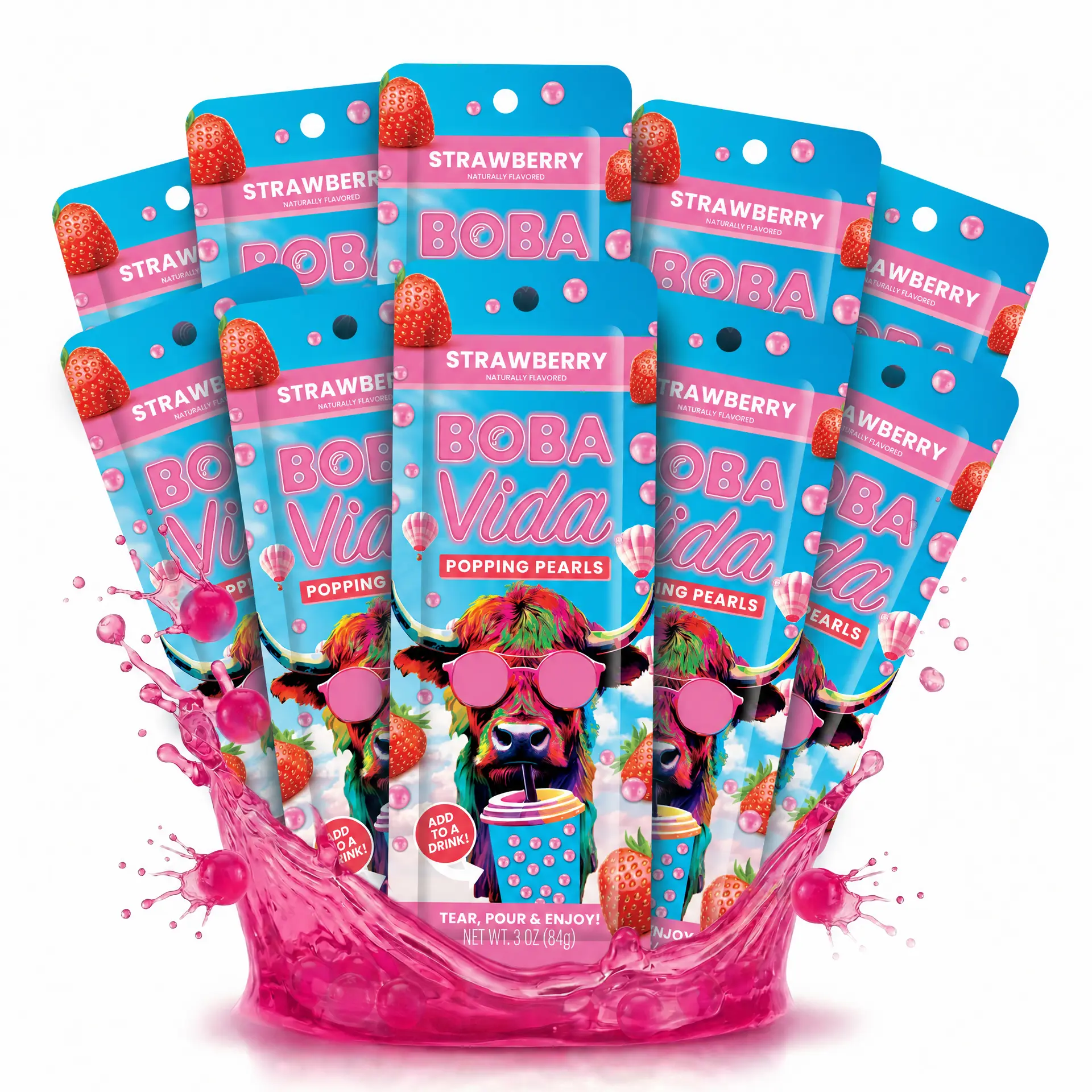 Strawberry Popping Boba (10-Pack with Straws) Bursting Fruit Juice boba Pearls for Beverage Drinks, Bubble teas & Desserts | Vegan, Gluten-Free | Tapioca pearls alternative, Soy-Free & Dairy-Free | No Corn Syrup or Preservatives | Long Shelf Life