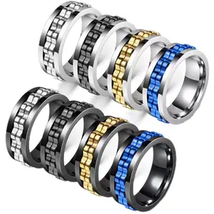 Stainless Steel Pressure Reducing Anti Anxiety Gear Rotatable Ring in Silver Gold and Blue Colors for Stress Relief