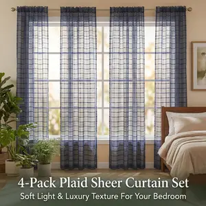 Summer Vibes, 34x84 Inch 4pcs Sheer Curtains for Living Room Bedroom Linen Sheer Curtains, Rod Pocket Luxury Black Out Curtains for Windows Apartment FT0026