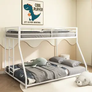 Sturdy Twin over Full Bunk Bed Metal White for Kids and Adult, Low Profile and Easy Climbing with Stable Ladder, Loft Bed Frame