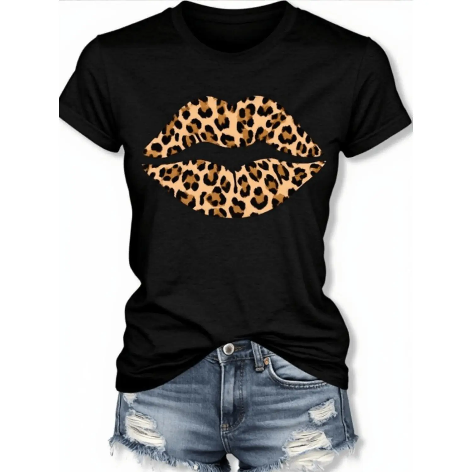 Stylish Short Sleeve Cotton T-Shirt Featuring Leopard Lips Print Comfortable Fit Perfect for Summer Casual Wear