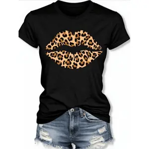 Stylish Short Sleeve Cotton T-Shirt Featuring Leopard Lips Print Comfortable Fit Perfect for Summer Casual Wear