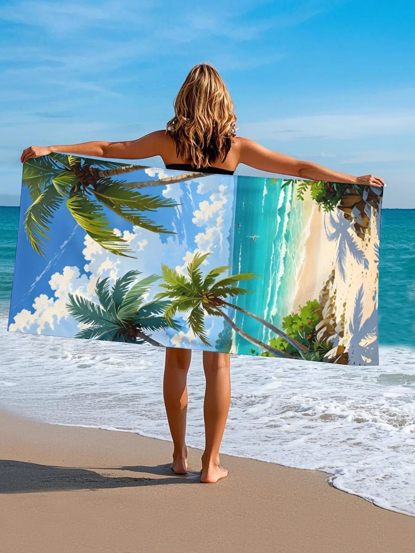 Palm Tree Ocean View Print Beach Towel, Microfiber Fabric, Machine Washable, Unisex. Ideal for Beach, Pool, Surfing, Camping & Fitness.