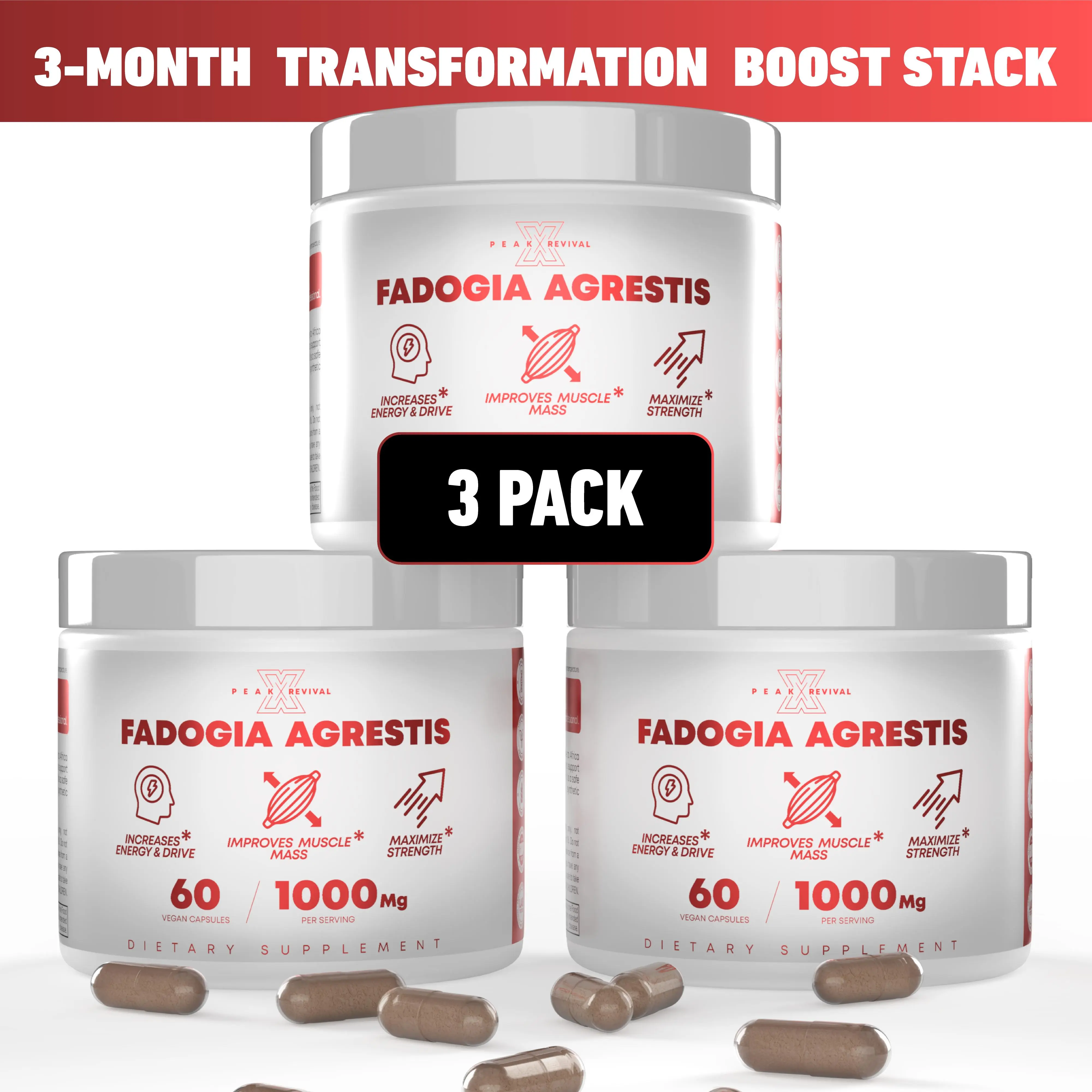 Peak Revival-X 3 Month Transformation Boost Stack (3 Pack) Fadogia Agrestis 1000mg Per Serving – 180 Capsules Total – Non-GMO Gluten-Free Dietary Supplement