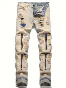 Men's Ripped Patch Jeans, Men's Patchwork Zipper Pocket, Mud Dyed Vintage American High Street Brushed Straight Leg Long Pants-#9 Top Rated Warehouse Storein  Streetwear -3382 baggy jeans for men old navy selvedge denim skinny jeans jeans pants for men