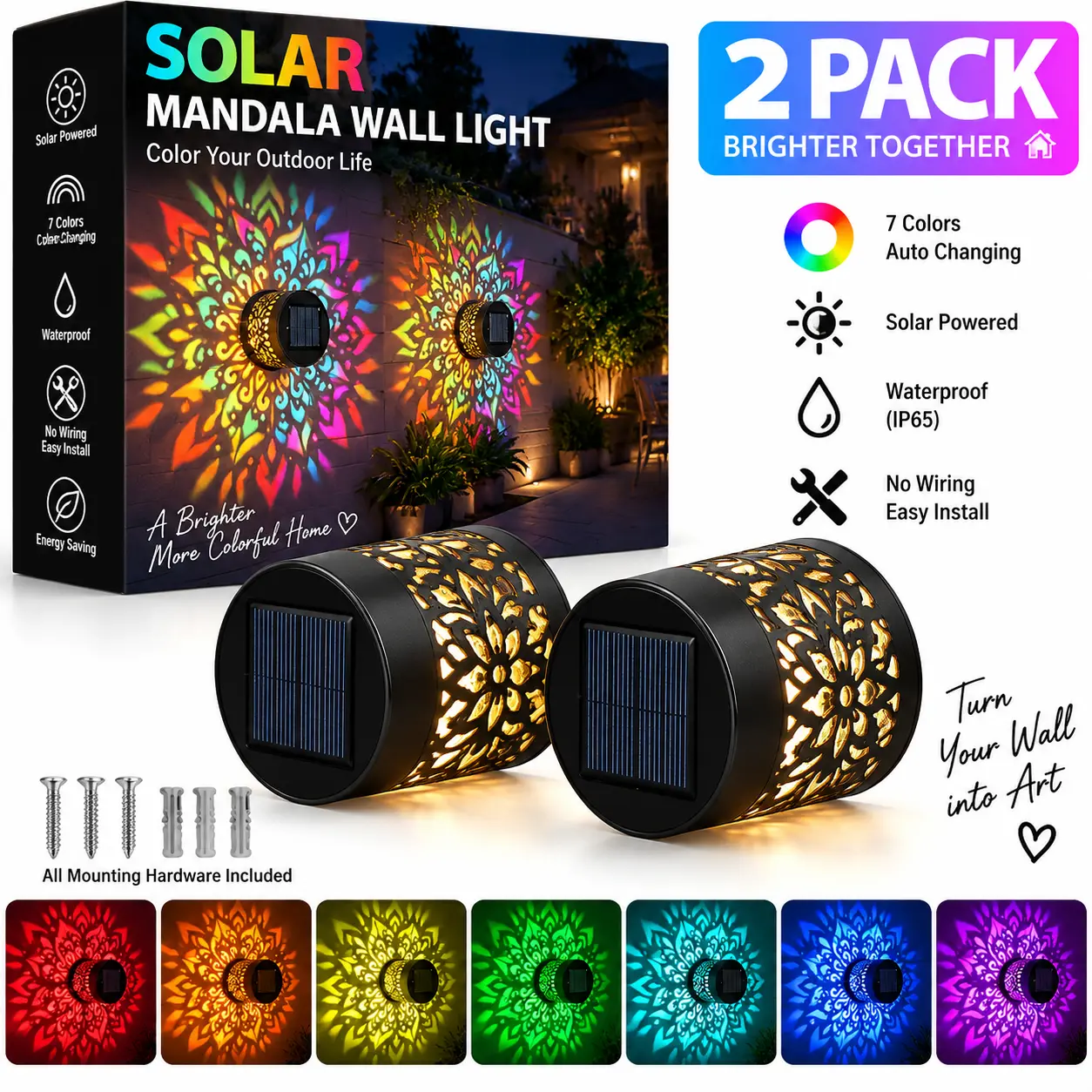 2-Pack Mandala Cutout Solar Wall Lights, 7-Color Changing Solar Outdoor Lights, Garden Lighting for Patio Decor, Outdoor Decorative Projection Lamp