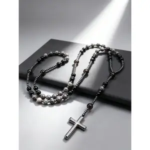 Natural Obsidian Yooperlite Rosary Necklace - UV Reactive, Hematite Cross Pendant, Adjustable Rhinestone Collarbone Chain, Couples Set for Women, Bible Verse Gift