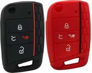 Silicone Key Cover Case Remote Fob Protector fit for VW Golf Polo 2016-2017 4 Buttons Keyless Entry Remote Key Fob Skin Protective Key Jacket (1 Black + 1 Red)