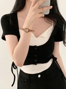 Fashionable Ballet - inspired Girl - style Two - piece Short - sleeve T - shirt for Women - Slim - fitting Undershirt and Vest Jacket in Innocent Sexy Style for Spring