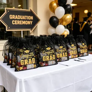 Congratulations Graduation Organza Gift Bag, Mesh Drawstring Bag with Gold Foil Print, Candy Bag for 2026 Graduation Party