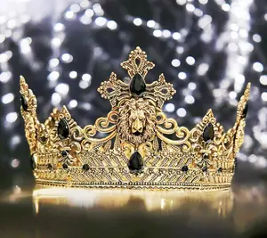 Vintage Lion King Crown, Prince Wedding Headpiece, Black Crystal Crown for Groom, Masquerade Ball Crown, Homecoming King Crown, Gold Crown