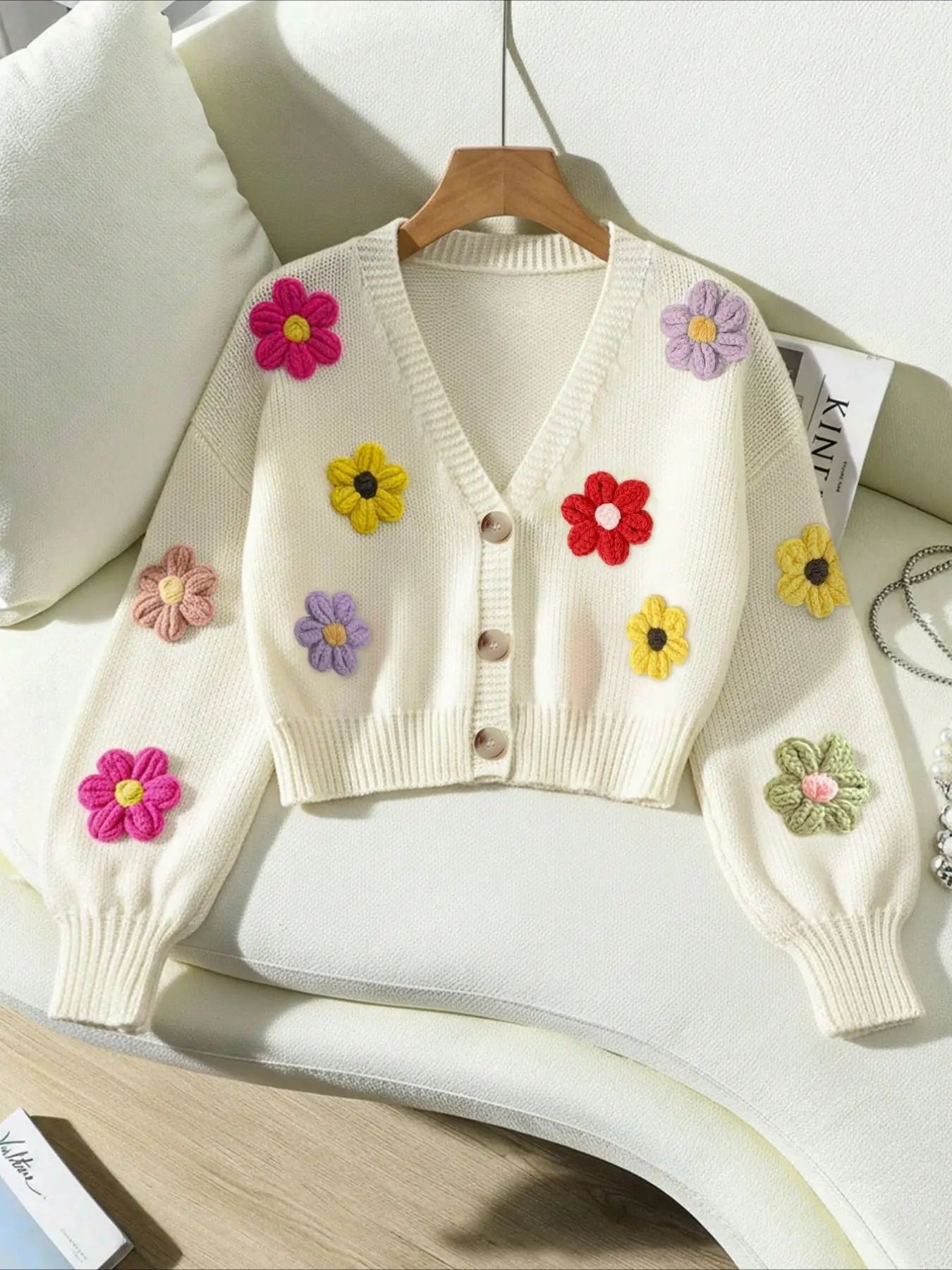 Colorful Floral 3D Embroidered Knit Cardigan with Button V Neck, Floral Design Knit, Chic Womenswear Knitwear Casual Loose Fit Long Sleeve Autumn Knit Sweater Tops for All Seasons, Essential Daily Layering Piece, Lady