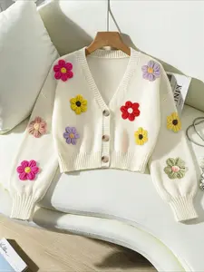 Colorful Floral 3D Embroidered Knitwear Cardigan Womenswear with Button V Neck, Chic Casual Loose Fit Long Sleeve Sweater for All Seasons, Essential Daily Layering Piece