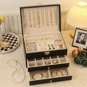 2026 Luxury 3-Layer Large Jewelry Organizer, Premium Leather Multi-Functional Jewelry Chest with Lock, Anti-Tarnish Watch & Accessory Storage for Women.