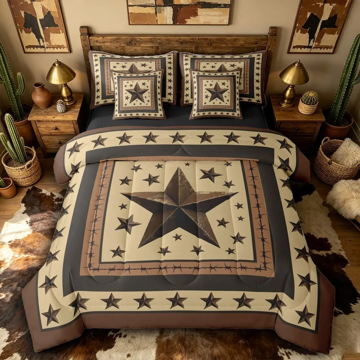 Western Texas Star Print Comforter Set 7 Pieces Rustic Bedding Set Vintage Country Star Pattern Bed in a Bag with Comforter,Sheets,Pillowcases,Cushion Covers Cowboy