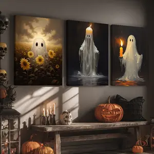 3 Counts Wooden Framed Canvas, The White Ghost With The Candle, Halloween Home Poster, Halloween Party Decorations, Living Room And Bedroom Hanging Paintings, Horror Theme, Interesting Posters, Exquisite Gifts, High-Definition Art