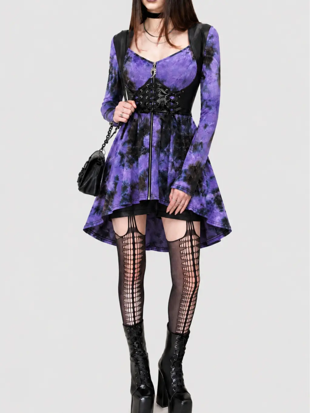 Rgothic Women's Plus Size Gothic Tie-Dye Corset Top - Long Sleeve Sweetheart Neck Blouse with Zipper Accents, Adjustable Lace-Up | Women's Clothes, Curvy Clothing, Concert Outfits, Back to School Shopping Accessories, Gothic Chic, Stretch Fabric