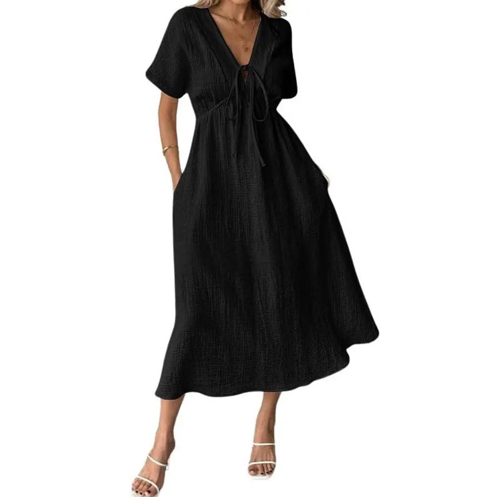 Chouyatou Women's Summer Solid Color V-Neck Cotton Dress Bohemian Style Casual Loose Short-Sleeve Drawstring Beach Dress with Pockets