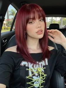 Wine Bangs Medium Long Straight Hair, High Temperature Silk Highlighting Skin Tone, Perfect for Dating and Parties, Synthetic Hair Wigs