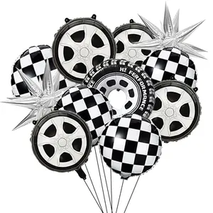 12-Piece Racing Theme Aluminum Foil Balloons Set, Explosion Star, Tire Shape, Checkered, Birthday Party, Car Themed Events