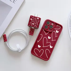 6-Piece Set Heart Pattern Phone Case + Charger Head Cover + Cable Protector + Storage Rope + Data Line Protection for iPhone 15/16 Series