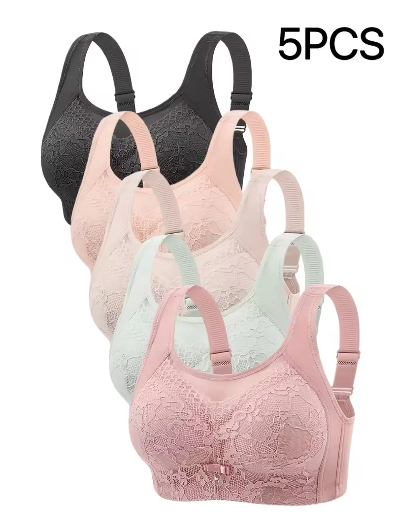 Women's Lace Push-Up Bra Set, Seamless Comfort Fit, Breathable Soft Fabric, All-Day Support, Perfect Daily Wear, 5 Pieces