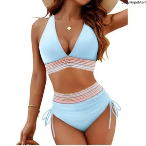 Women's High-Waisted Color Block Bikini Set, V-Neck Tummy Control Swimsuit with Tie-Side Design, Bathing Suits Tummy Control Swimsuits, Swimsuits Tummy Control