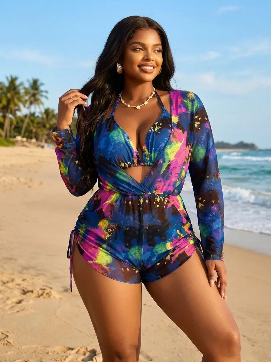 Women's Plus Size 3pcs Swimsuit Set, Colorful Splash Print Halter Deep V Bathing Suit with Long Sleeve Mesh Cover Up, Drawstring Side Ruched High Cut Swim Shorts Outfit for Beach Pool holiday party date