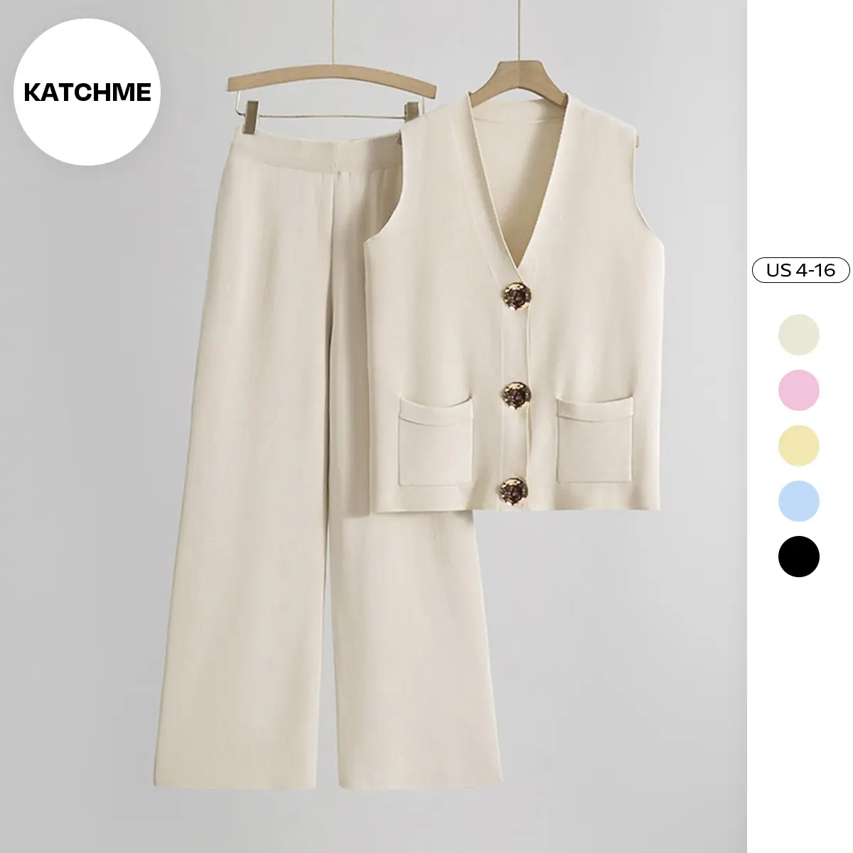 KatchMe Women's Elegant V Neck Gold-Toned Button Decor Tank Top & Wide Leg Trousers Co-ord (2), Solid Color Sleeveless 2 Piece Set, Holiday Outfits