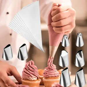 Set of 8 Stainless Steel Cream Laminating Nozzles, Piping Tips Set with 10Pcs Disposable Piping Bags, Icing Piping Nozzles for Cake Decorating