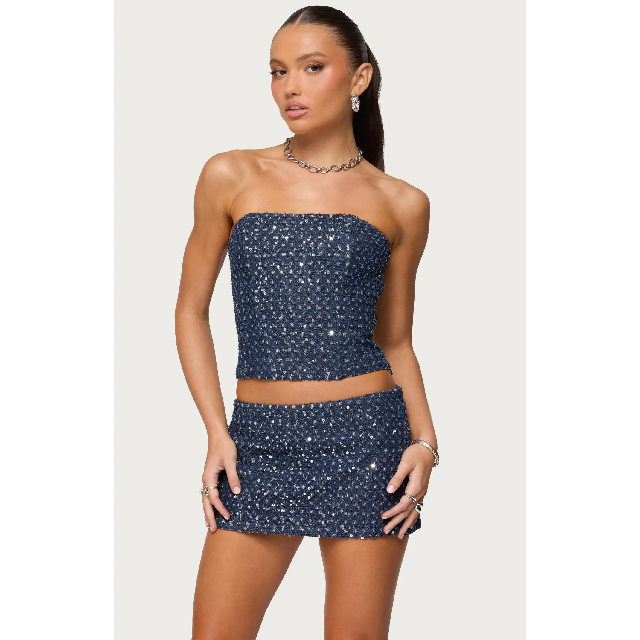 Edikted Women's Sora Sequin Distressed Denim Corset