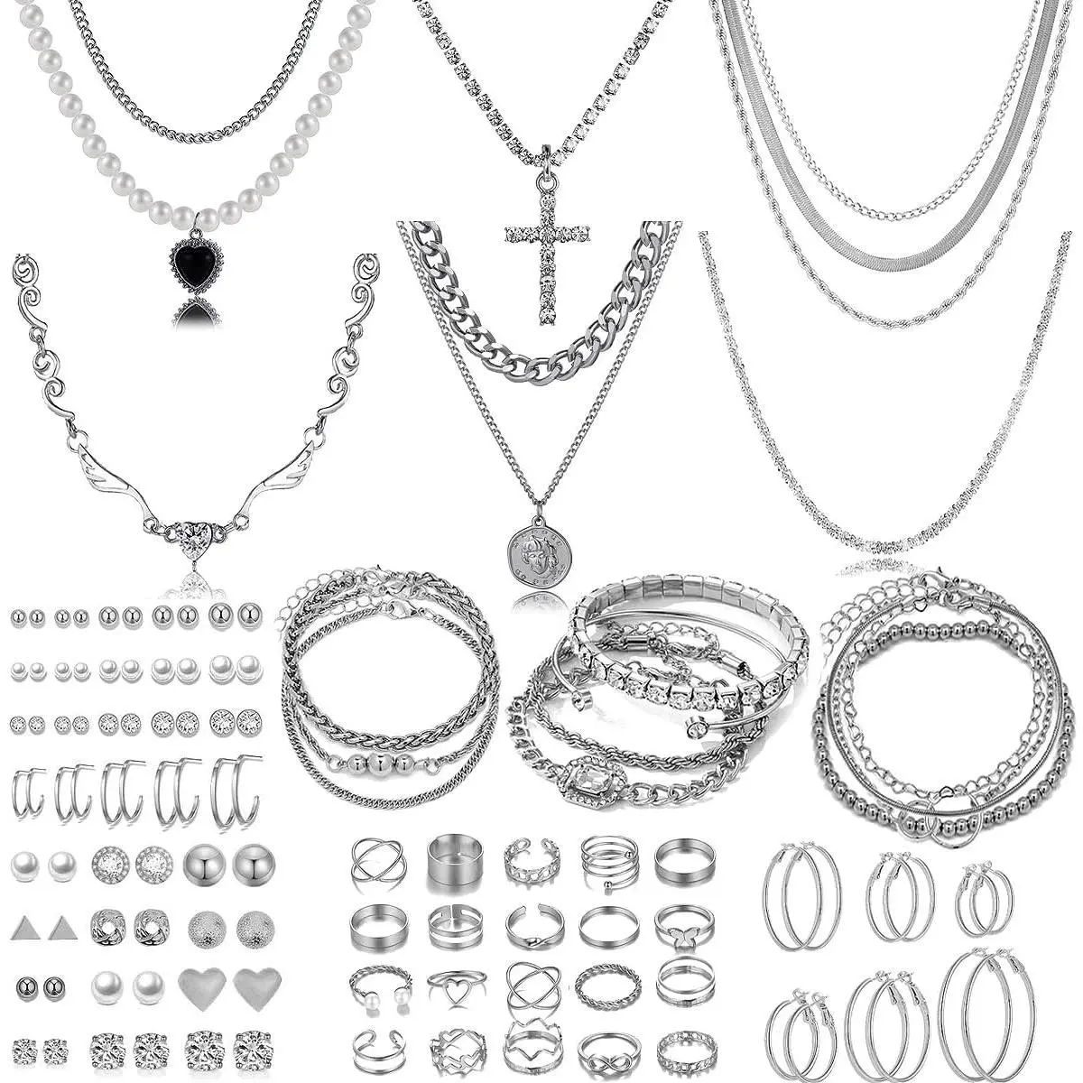 Silver-Tone Jewelry Set for Women, 116-Piece Dainty Alloy Collection with Layered Necklaces, Bracelets, Hoop & Stud Earrings, and Knuckle Rings, Anniversary Birthday Gift, Dainty Jewelry Sets