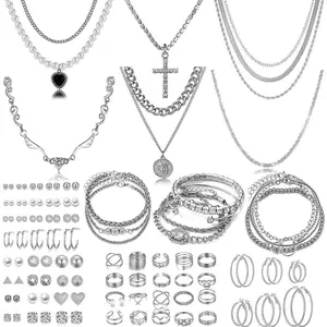 116 Pcs Silver Jewelry Set with 7Pcs Layered Necklace, 11 Pcs Bracelet and 22pcs Hoop Earrings ,22pcs Knuckle Rings,54pcs stud earrings Jewerly set For Women Valentine Anniversary Birthday Friendship Gift