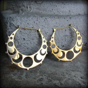 Moon Earrings ~ Crescent Moon Phase Triple Goddess ~ Gold Brass Hoop Earrings Gauges ~ Tribal Fusion Belly Dance ~ Wiccan Occult Jewelry