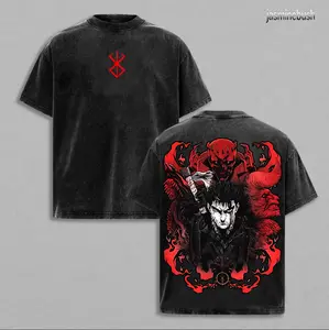 Guts Berserk Vintage Washed T-Shirt, Dark Red Demon Aesthetic Oversized Anime Streetwear Tee, Heavy Cotton Retro Manga Graphic Top