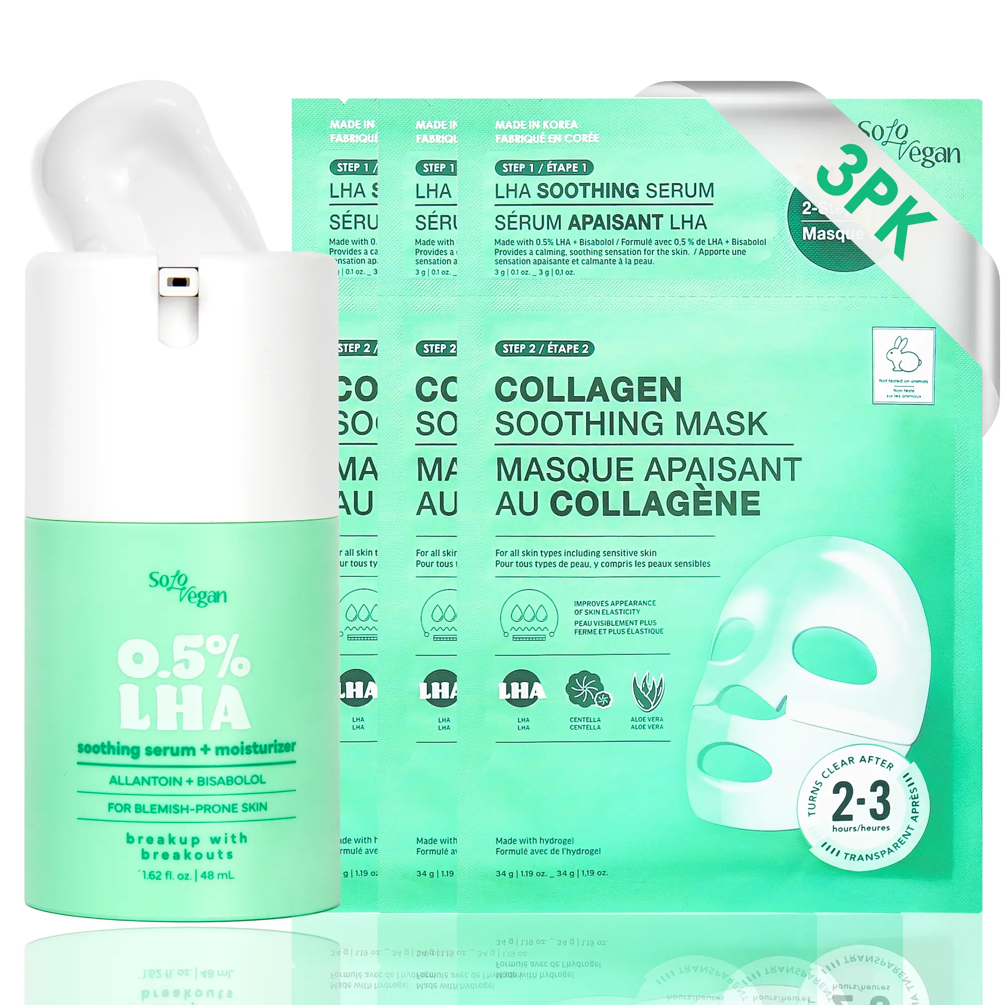 SoloVegan Acne-Clearing Acne Kit - Intensive LHA Serum, 3x Soothing Collagen Mask - Oil Control, Skin Repair for All Skin Types, Moisturizer, Acne Clearing Products