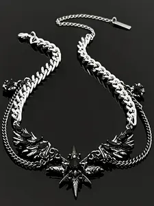 1pc Street Style Wings Star Chain Necklace, Unique Design Alloy Pendant, Elegant Wing Shape, Combining Elegance and Uniqueness, Unisex Party Jewelry, Ideal for Parties, Perfect Gift for Friends, Wing Pendant Accessory, Street Fashion, Unisex Appeal