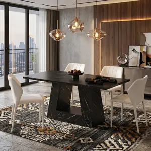63 Inch White Faux Marble Dining Table Modern Rectangle Table with Arch Design Legs Elegant Kitchen Furniture for 4-6 Persons Home Dining Room