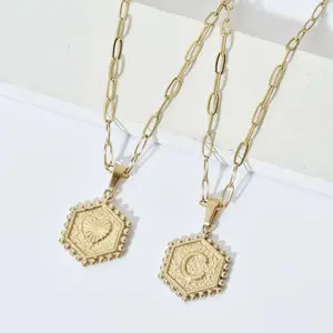 Double-sided pattern geometric hexagonal 26 letters double-layer love necklace girls daily Jewelry