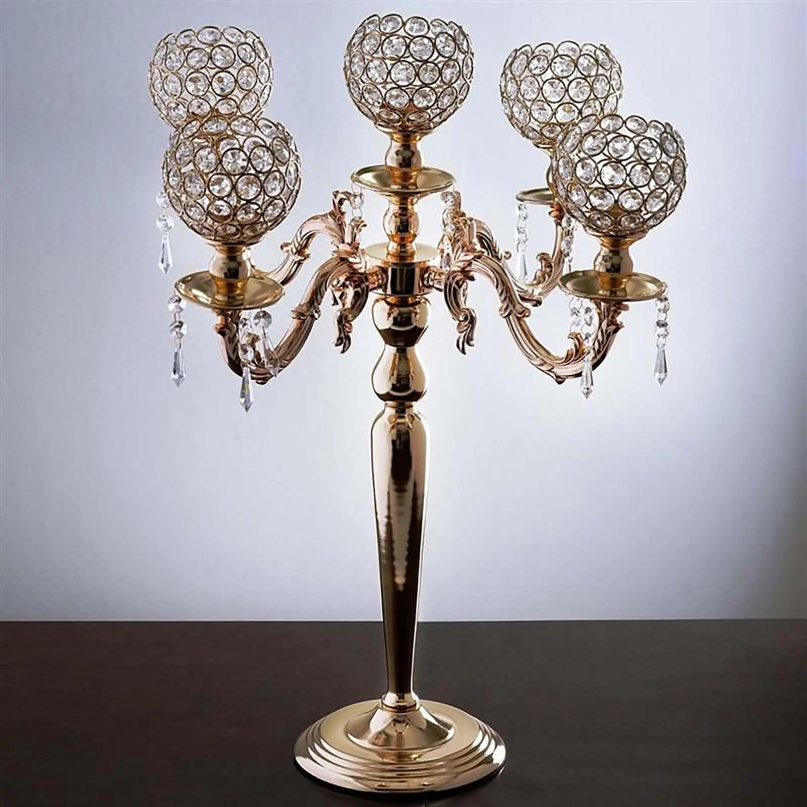 5-Arm Crystal Beaded Globe Candelabra 25" Gold - Metal Candle Holder for Stylish Pillar Table Centerpiece Decor