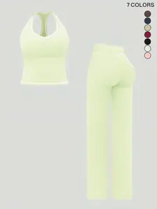 Women's Quick-Dry Colorblock Sports Bra Tank Top, High-Waisted Butt-Lifting Vintage Straight Leg Pants, Outdoor Fitness Yoga Running Casual Sportswear Set, Athleisure Wear, Yoga Gym Outfits, Active wear