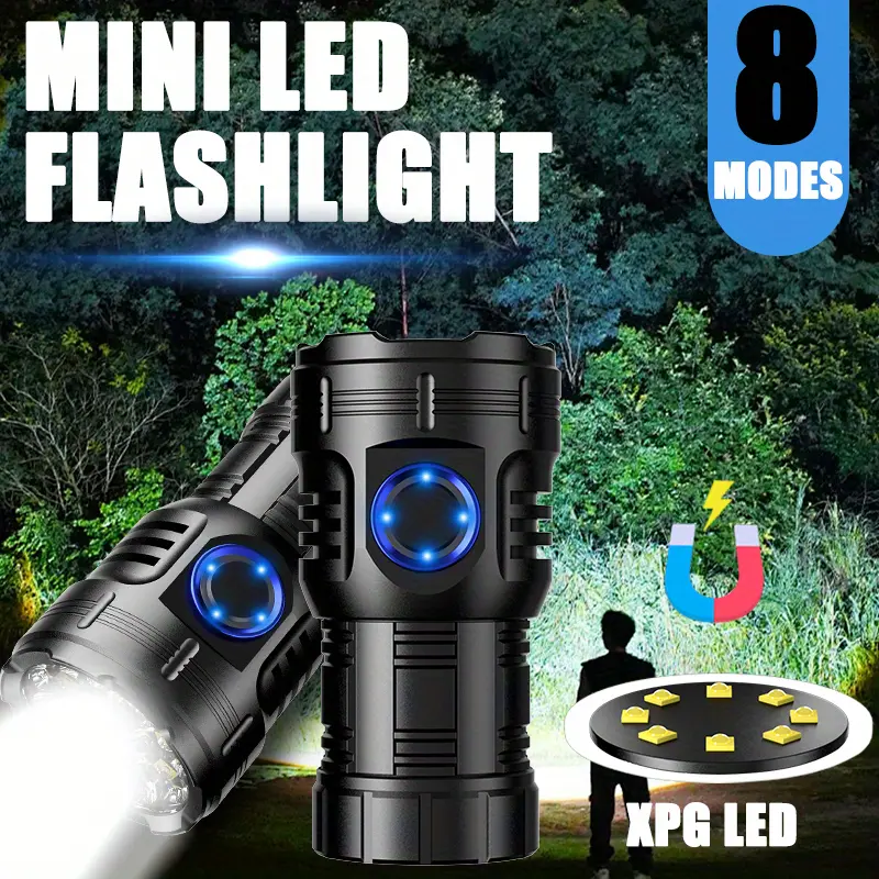 Rechargeable Mini LED Pocket Flashlight - Battery Operated, Built-In Battery, Compact, Digital, Flashing Light Torches, 3000 Lumens, Type-C USB Charging, 8 Modes, Magnetic Tail, Clip-On, Aluminum Alloy Body, for Camping, Emergency (1PC), Battery Operated