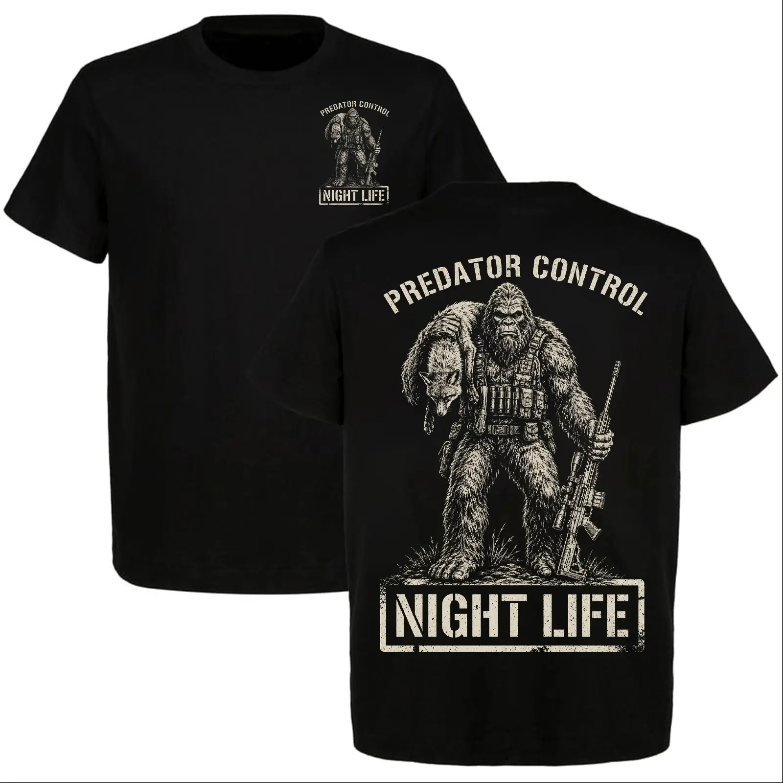 Bigfoot Predator Control Night Life T-Shirt, Coyote Hunting Graphic Tee, Tactical Sasquatch Front and Back Print, Gift for Hunters