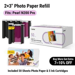 [Pearl N200 Pro 2×3" Photo Paper] Liene Pearl N200 Pro Portable Photo Printer Photo Paper 50 Sheets & 5 Cartridges, Picture Printer Sticker Paper Adhesive, Waterproof, Smudge Proof, Photo Paper Only for DMP130 for Scrapbook