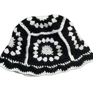 Black and White Crochet Sunflower Hat - Durable Acrylic Material