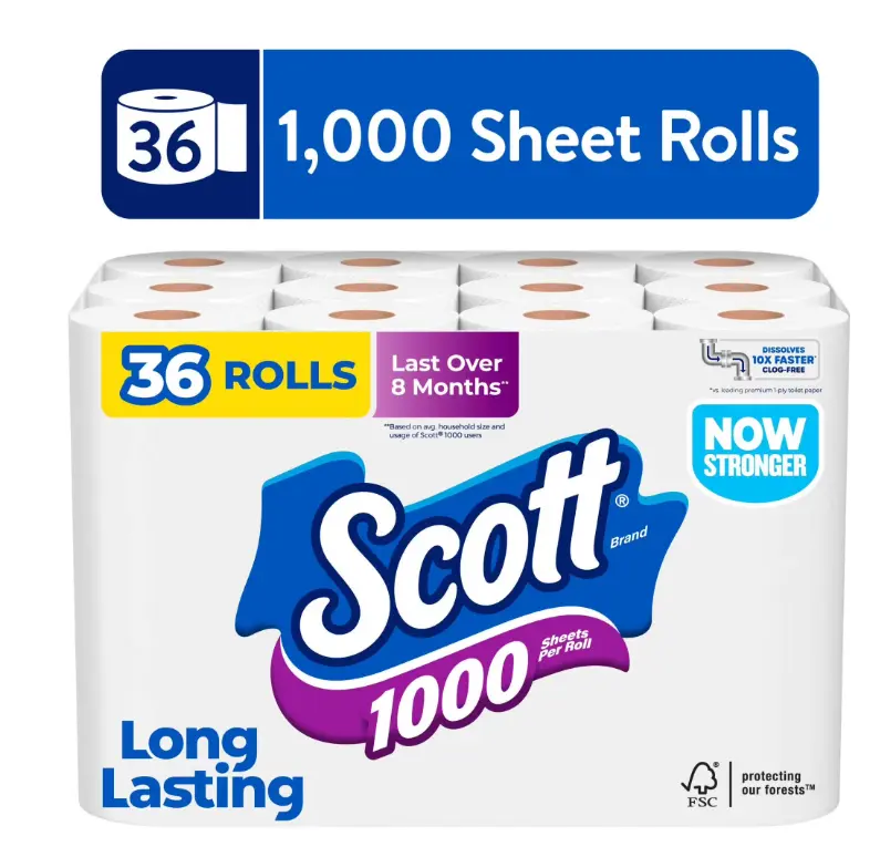 Scott 1000 Toilet Paper, 36 Rolls, 1000 Sheets Per Roll, bathroom tissue, septic safe, bath tissue, household essentials, bulk pack, toilet tissue