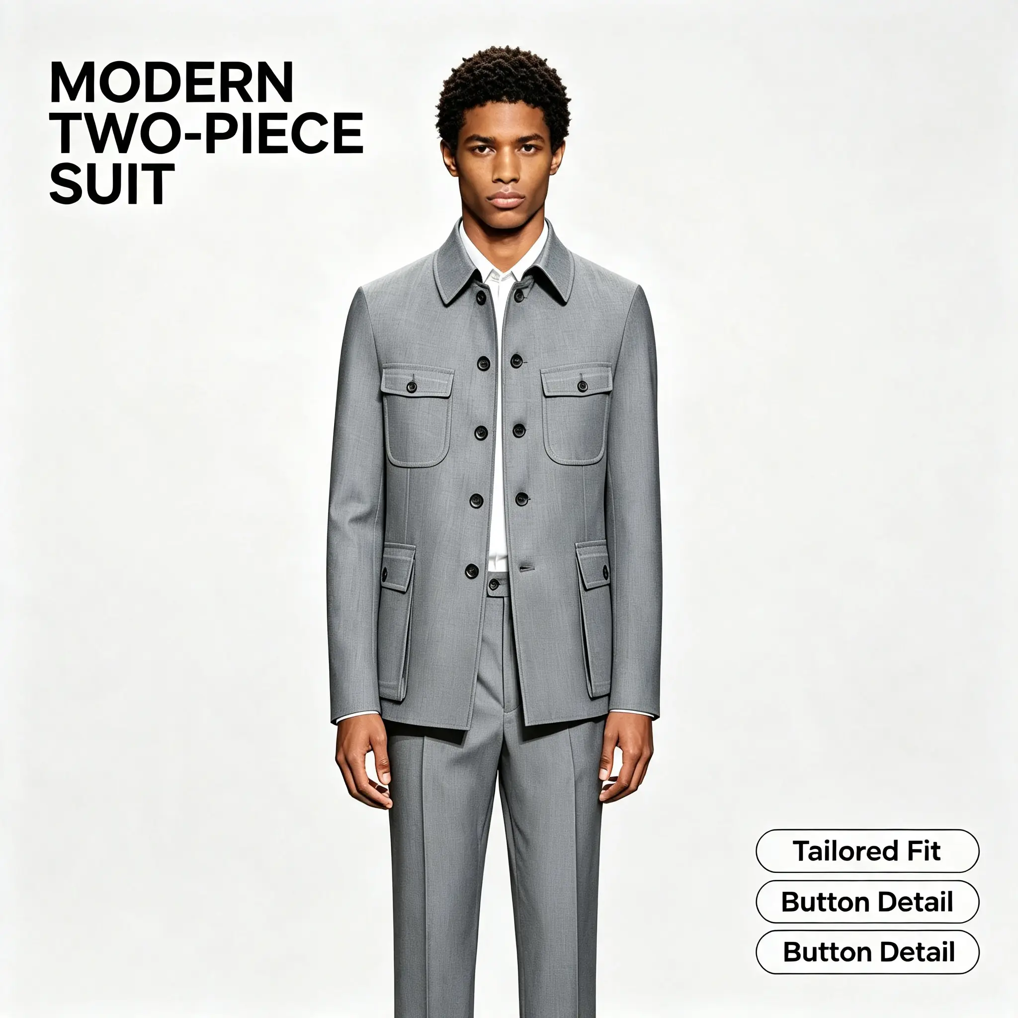 Tailored Two Piece Men Fashion Suit Outfit Button Down Pocket Coat With Matching Trousers, Various Color Selections, Perfect For Office Smart Casual, Vacation Trips, Evening Social Events, Outdoor Banquets And Modern Everyday Stylish Adult Men Attire